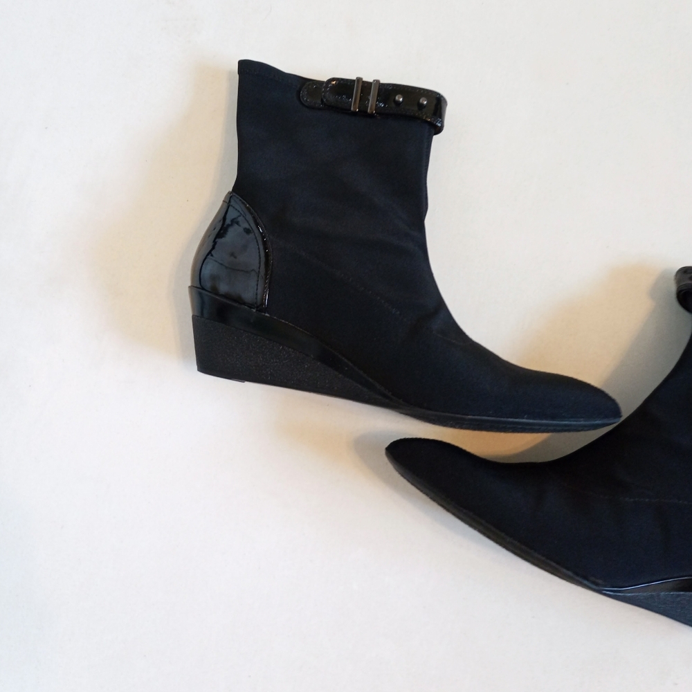 Joan & David black wedge stretch "sock" ankle boots - Picture 2 of 8